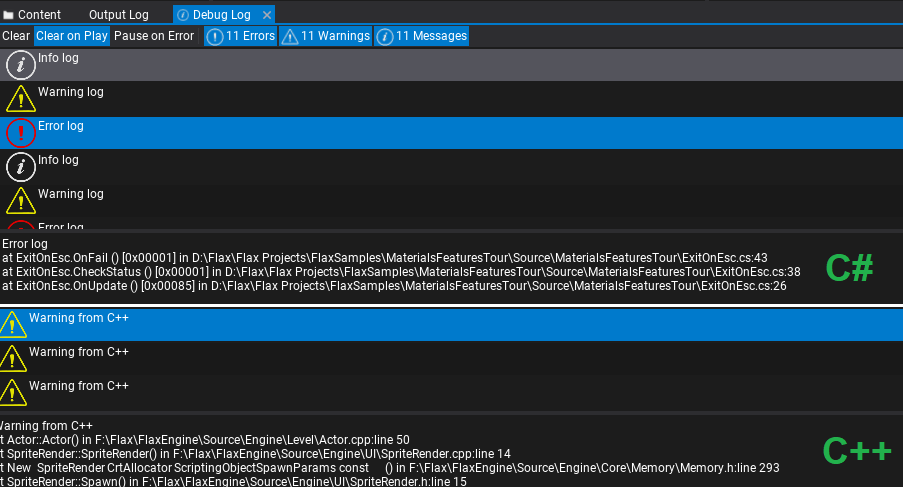 Stack Trace in Debug Log Editor Flax